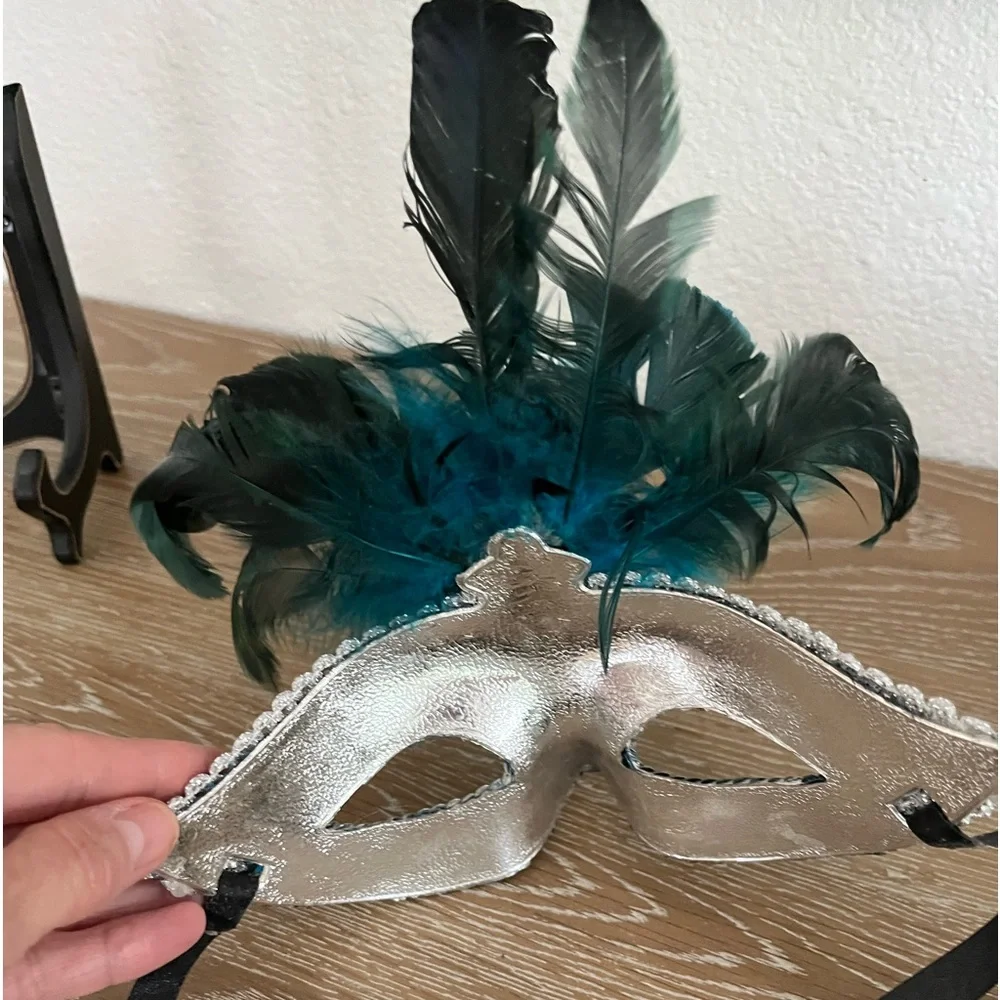 Decorative Masquerade Mask in blues and black and feathers